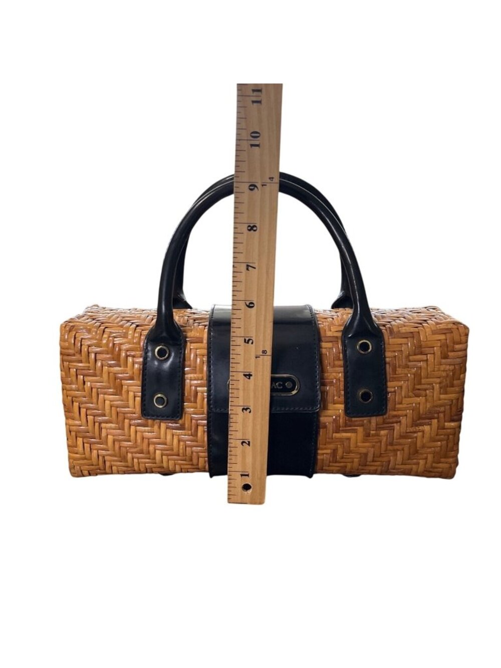 Vtg Monsac Woven Rattan Wicker & Black Leather Handbag Box Purse Top Handles - Picture 8 of 8
